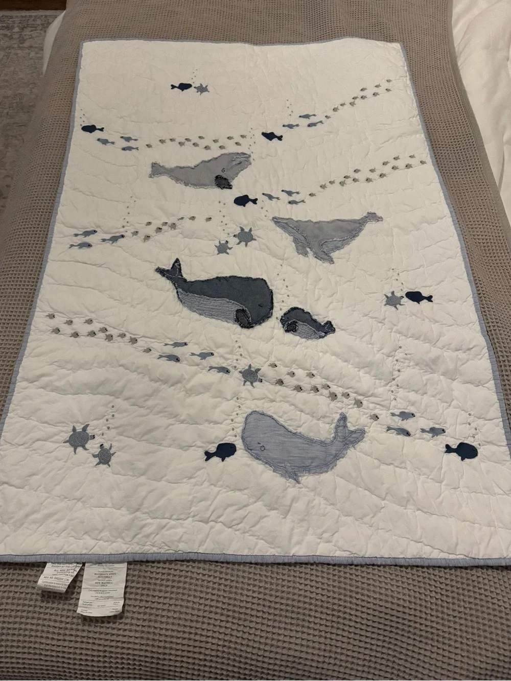 Pottery Barn Kids Whale Appliqué Quilt - Navy, Light Gray, White
